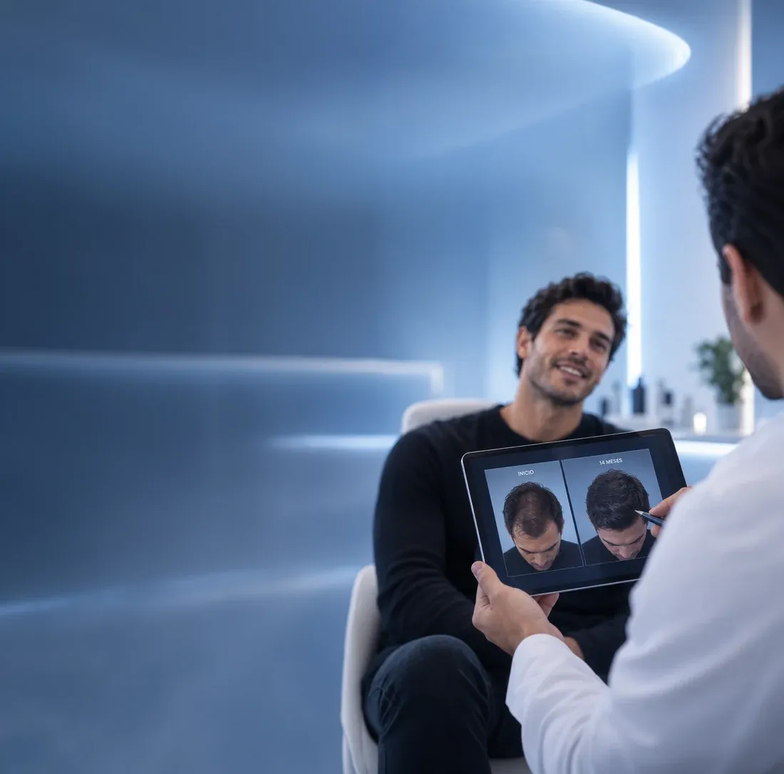 Representación ilustrativa de un médico y un hombre conversando sobre su cabello.