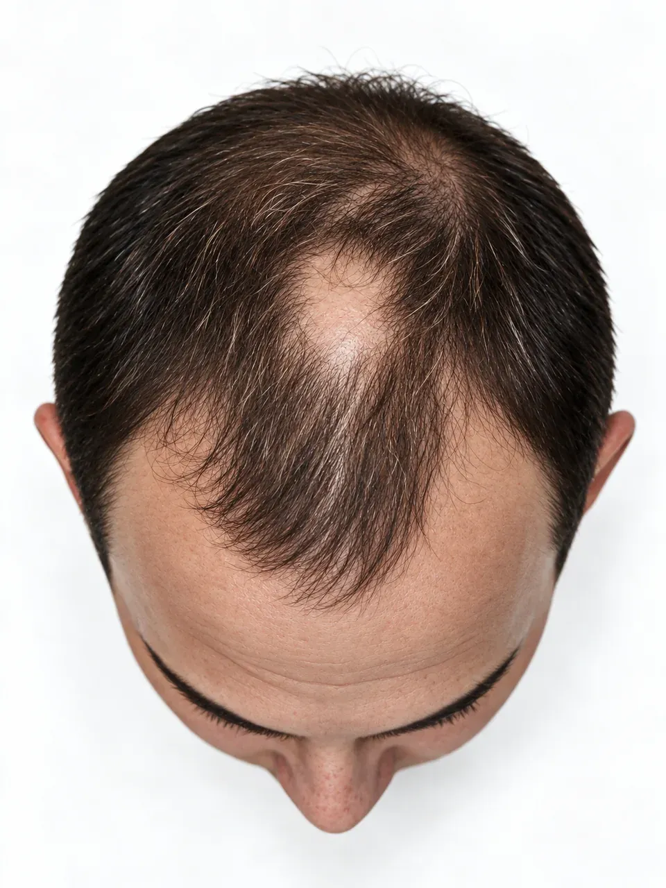 Vista superior de una cabeza masculina con entradas y cuero cabelludo visible entre el cabello central.