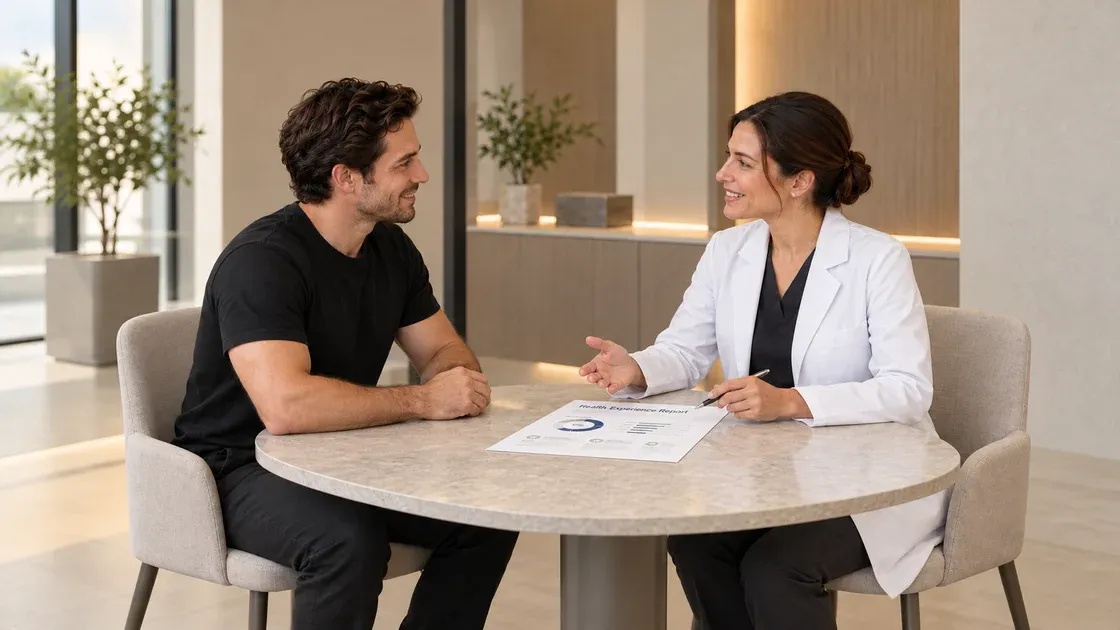 Una doctora y un hombre conversan sentados alrededor de una mesa.
