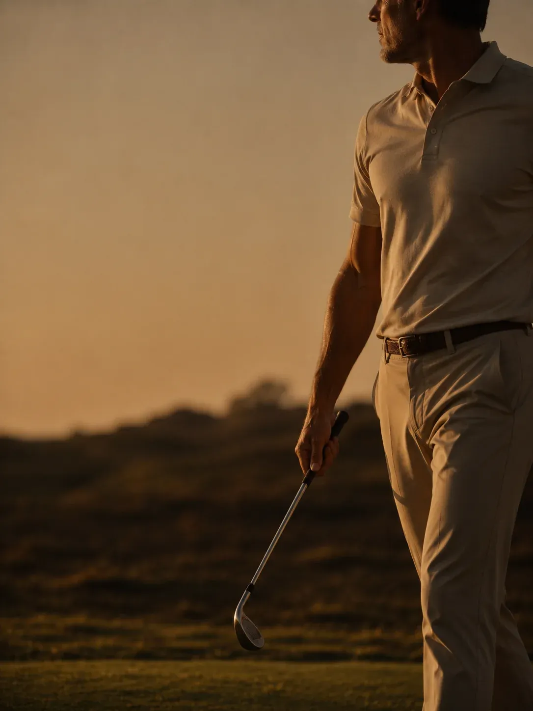 Hombre con un palo de golf en un paisaje iluminado por luz cálida.