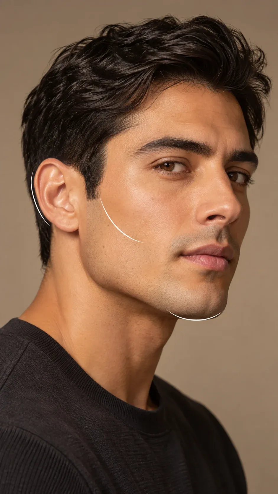 Retrato de un hombre con trazos ilustrativos junto a la oreja, mejilla y mentón.