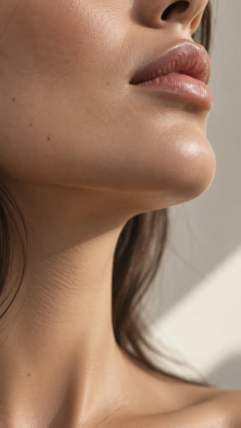 Primer plano de la línea de mandíbula, labios y cuello de una mujer.